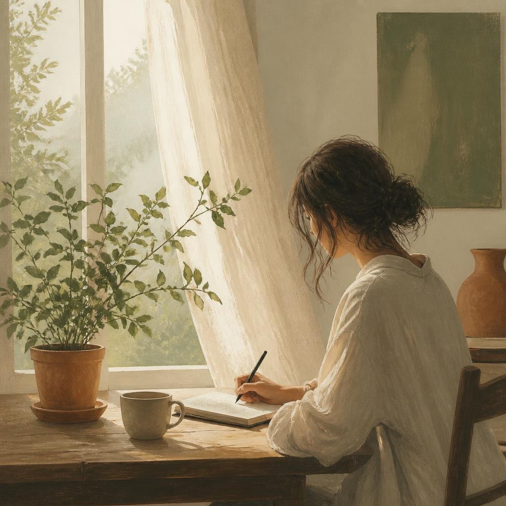 Illustration of a woman journaling at a table beside a sunlit window