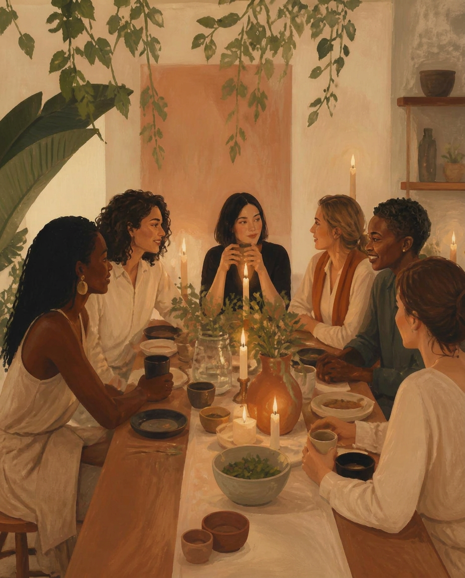 An illustrated group of women in conversation around a candlelit dinner table
